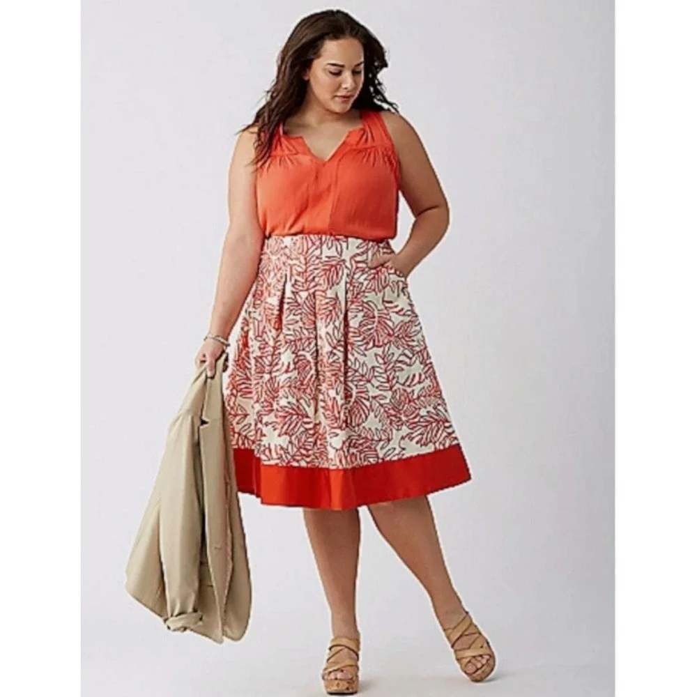 Lane Bryant Linen Blend Skirt Plus 18 Red Cream Tropical Palm Pleated‎ Midi